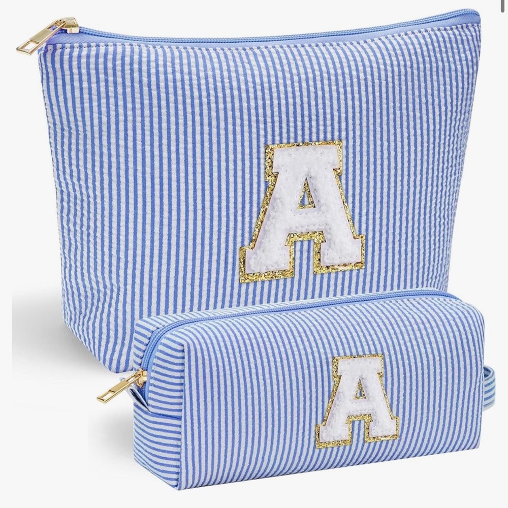 Blue and White Striped Pouch Set with Gold Accents - Picture 1 of 3